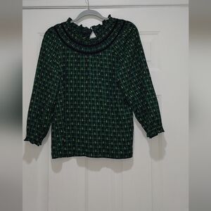 Talbots Green Plaid Ruffle Velvet Trip Top Size Medium